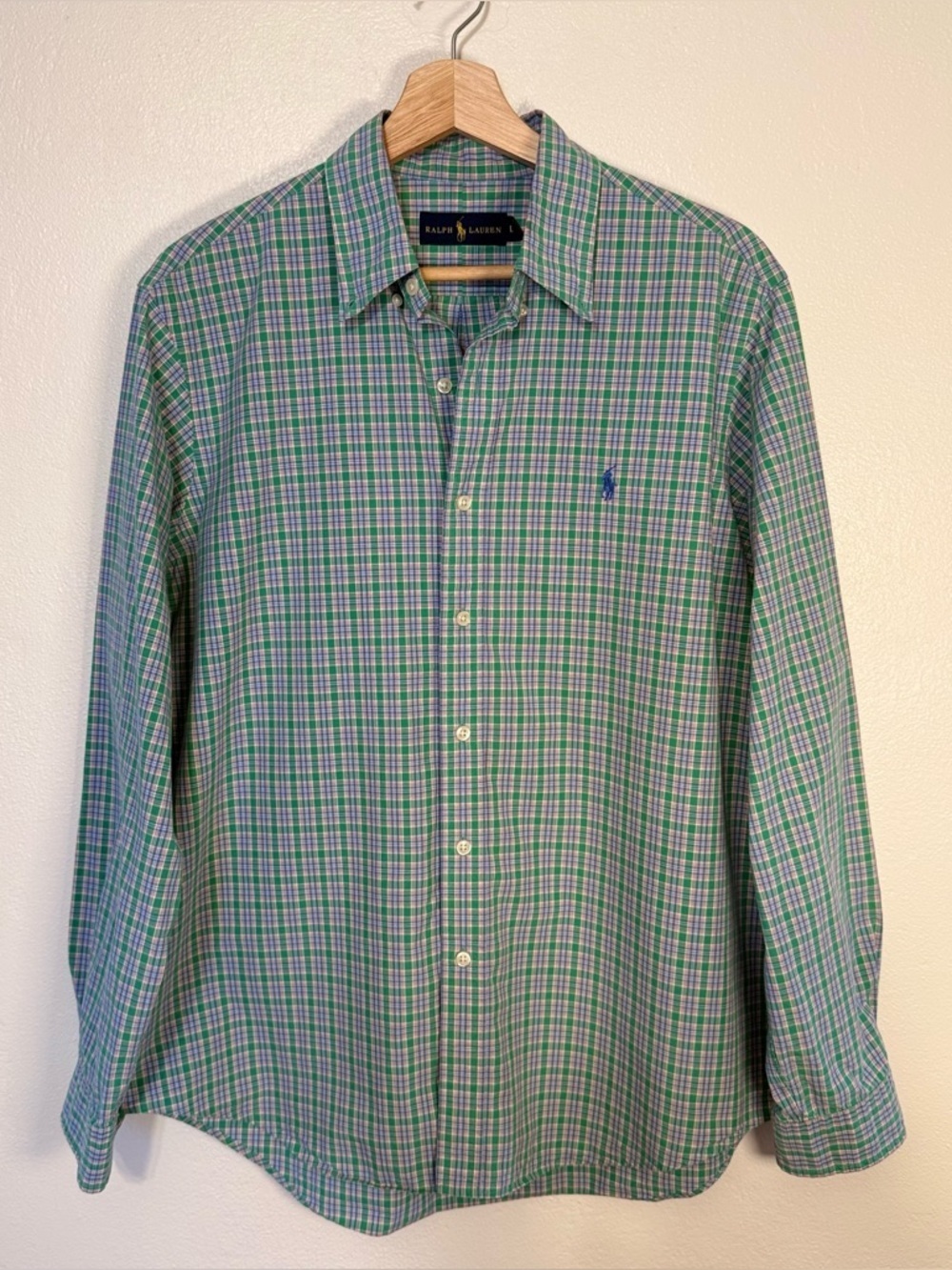 Ralph Lauren Men's Large Green Plaid Long Sleeve Button Down Shirt Classic Logo